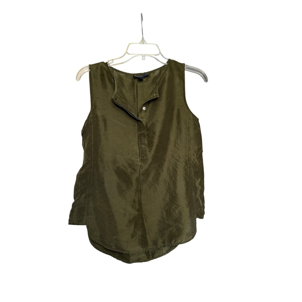 J.Crew‎ Womens 100% Silk Sleeveless Blouse Olive Green Button Neck Shell Size 0